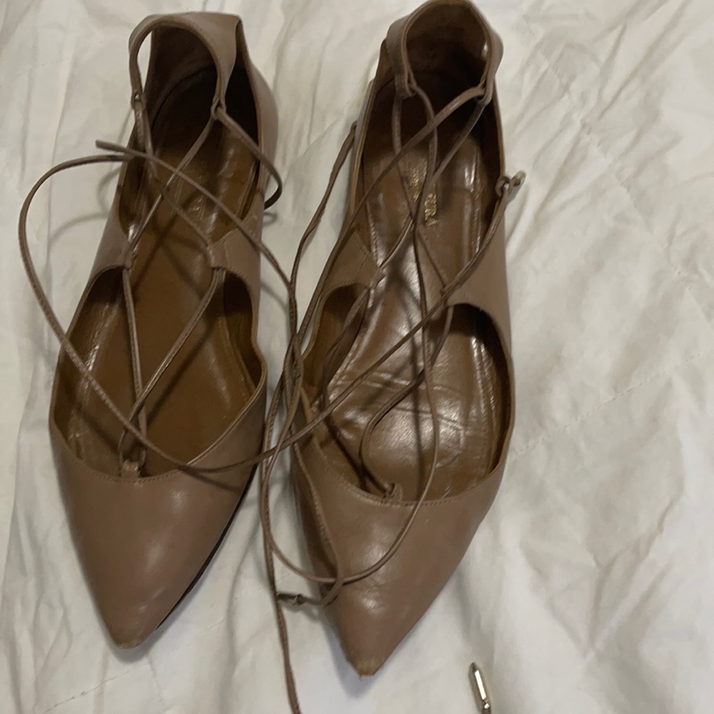 Aquazzura Lace-Up Pointed-Toe Flats in Taupe
